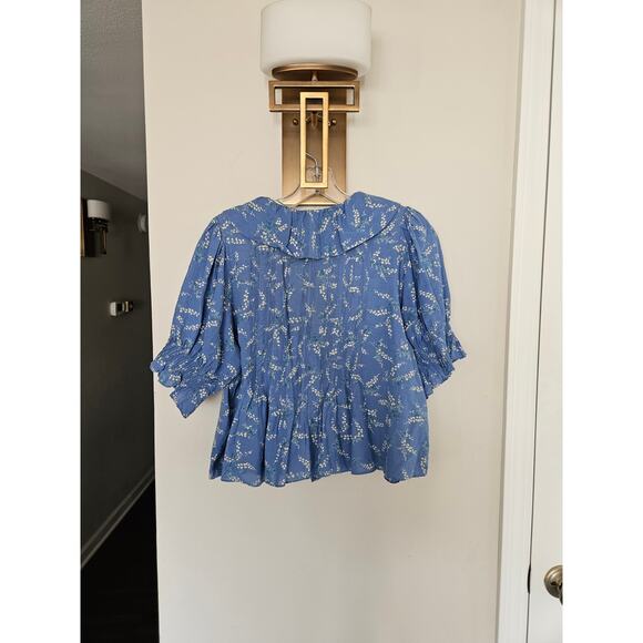 DOEN Blue Bluebell Ballad Floral Henri Top Cotton Blouse Size X-Small - Picture 12 of 16